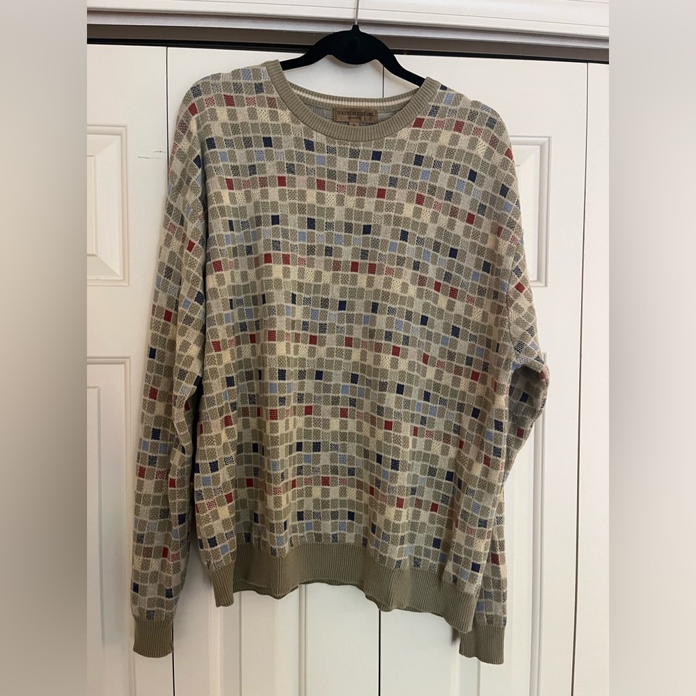 Men's Beige and Green Checkered Crewneck Sweater - Vintage